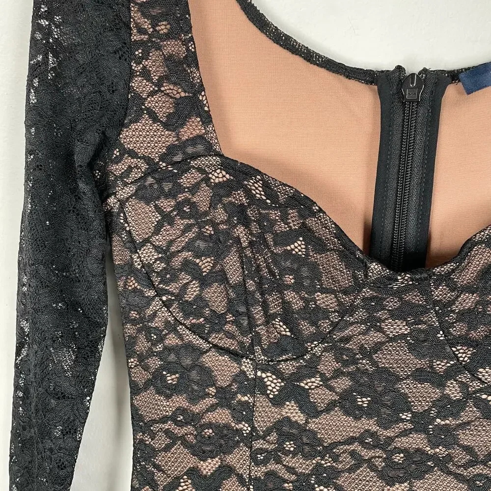 French Connection Thora Lula Long Sleeve Ponte Lace Mini Dress Size S Black NWOT